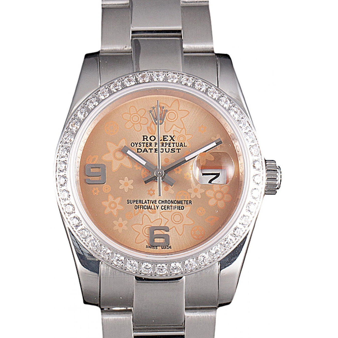 Best AAA Replica Sites Flowers Steel Diamond Rolex Dial Plated Datejust Orange Polished Stainless 0626